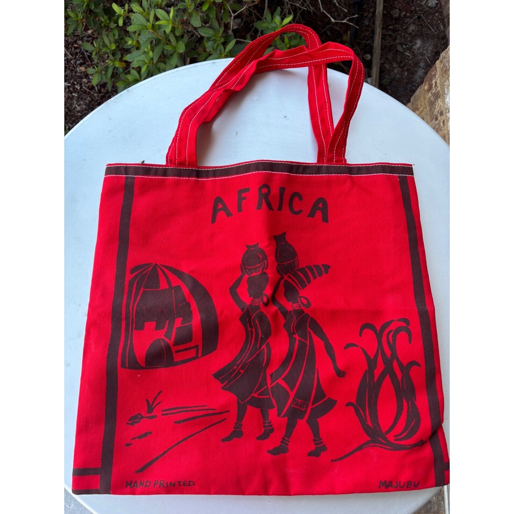 Majubu Hand Printed Africa Graphic Canvas Tote Bag Red Brown Tribal Folk Art